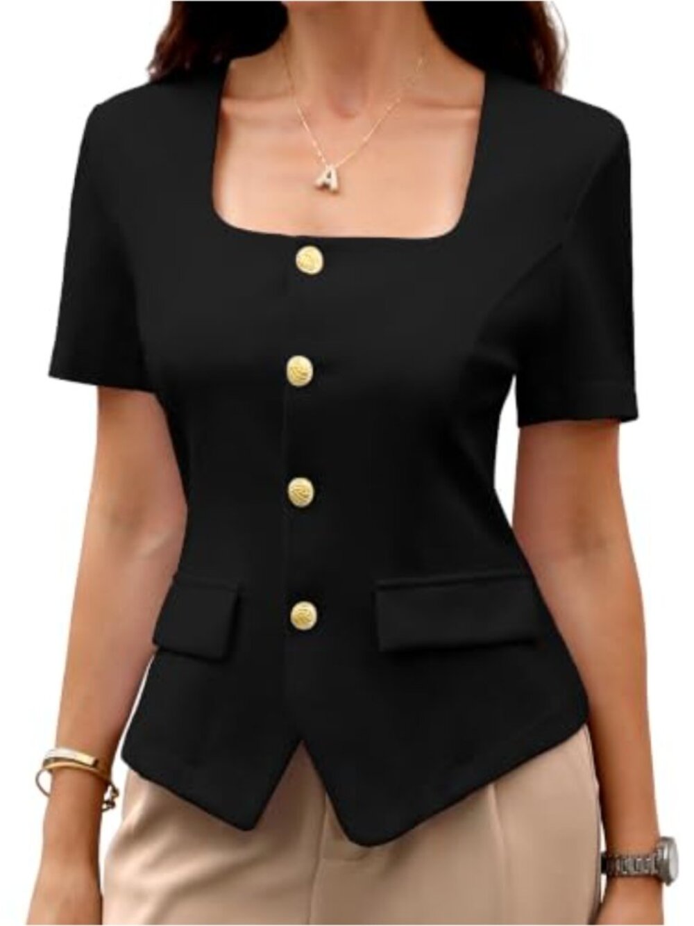 Stretchy Fitted Vest Top with Gold Buttons, Business Casual